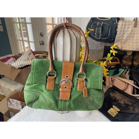 Authentic Coach Soho Green Suede Satchel with Brown Leather Trim – Silver Hardwa - Picture 1 of 8